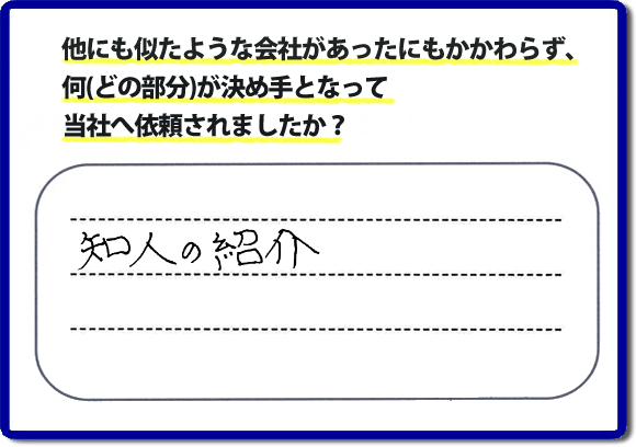 口コミ評判１３　知人の紹介。　当社にはリピーターさまをはじめ、ご依頼いただいたお客様からのご紹介により、ご依頼をしてくださる方々もたくさんいます。お客様からの評判が次の依頼者さまへの架け橋へ。また、当社へはたくさんの口コミコメントもいただいています。電話の対応、信頼できる、安心して任せらる便利屋・何でも屋として「【便利屋】暮らしなんでもお助け隊 福岡小笹店」（福岡）へご依頼をいただき続けて２０年。家丸ごと片付け、不用品片付け、ハウスクリーニング、リフォーム、ちょっとした作業でも構いませんので、まずはお電話ください。福岡で口コミ評判一番の何でも屋、【便利屋】暮らしなんでもお助け隊 福岡小笹店