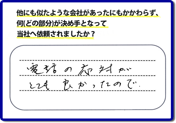 口コミ５　電話の応対がとてもよかったので。何でも屋・便利屋の「【便利屋】暮らしなんでもお助け隊 福岡小笹店」のクチコミ評判では、電話応対について高く評価していただいています。実家の片付けでお困りの女性（姉妹）のお客様が、安心して相談できるように心がけています。どんな些細なことでも構いませんので、お問い合せください。