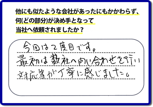 口コミ評判１４　今回で２度目です。最初は弊社へ問合せを行い対応等が丁寧に感じました。便利屋・何でも屋の「【便利屋】暮らしなんでもお助け隊 福岡小笹店」（福岡）のホームページでは、代表者山口は、電話の対応に気を付けています。スタッフの顔写真・お客様の笑顔・実際のお客様の口コミ評判コメントを掲載しています。安心と信頼を心がけ作業を行い続けて２０年。家のことで困ったら町の便利屋・何でも屋の【便利屋】暮らしなんでもお助け隊 福岡小笹店　電話番号0120-263-101へお電話ください。