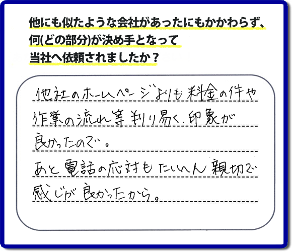 口コミ評判２２　「他社のホームページよりも料金の件や作業の流れ等が判り易く、印象が良かったので。あと電話の応対もたいへん親切で感じが良かったから。」と糟屋郡志免町のお客様よりたいへんうれしいお褒めのメッセージをいただきました。便利屋【便利屋】暮らしなんでもお助け隊 福岡小笹店（福岡）では、福岡一番の口コミ評判のメッセージを掲載しています。お家の片付けで困ったときは、何でも屋・便利屋【便利屋】暮らしなんでもお助け隊 福岡小笹店へお電話下さい。